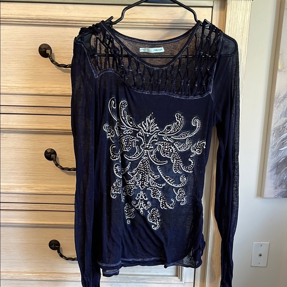 3 for $25 - Navy Blue Embroidered Women's Top. Sheer blue top